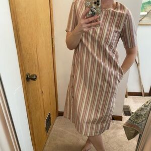 Pando Grove Linen Striped Side Beachy Button Midi Dress